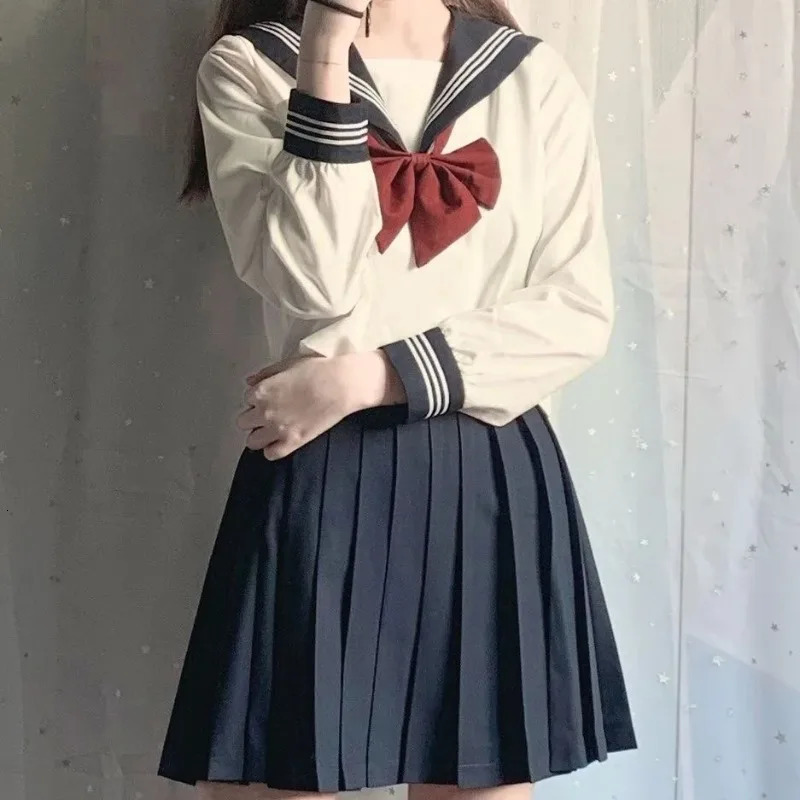Japanese school uniform girl Jk set sexy springsummer red tie white three piece basic sailor womens long sleeved 250326