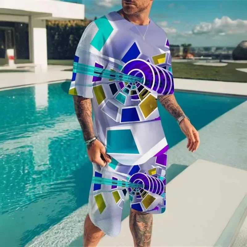 Mens short sleeved T-shirt 3D geometric pattern print daily hiking sportswear streetwear two-piece set summer new itemXJ250326