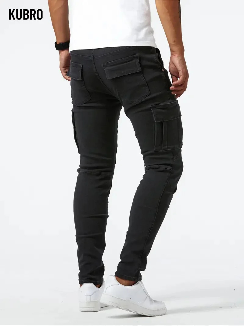 Street Elastic Jeans Men Denim Cargo Pants Wash Solid Color Multi Pockets Casual Mid Waist Trousers Slim Fit Daily Wear Joggers 250317