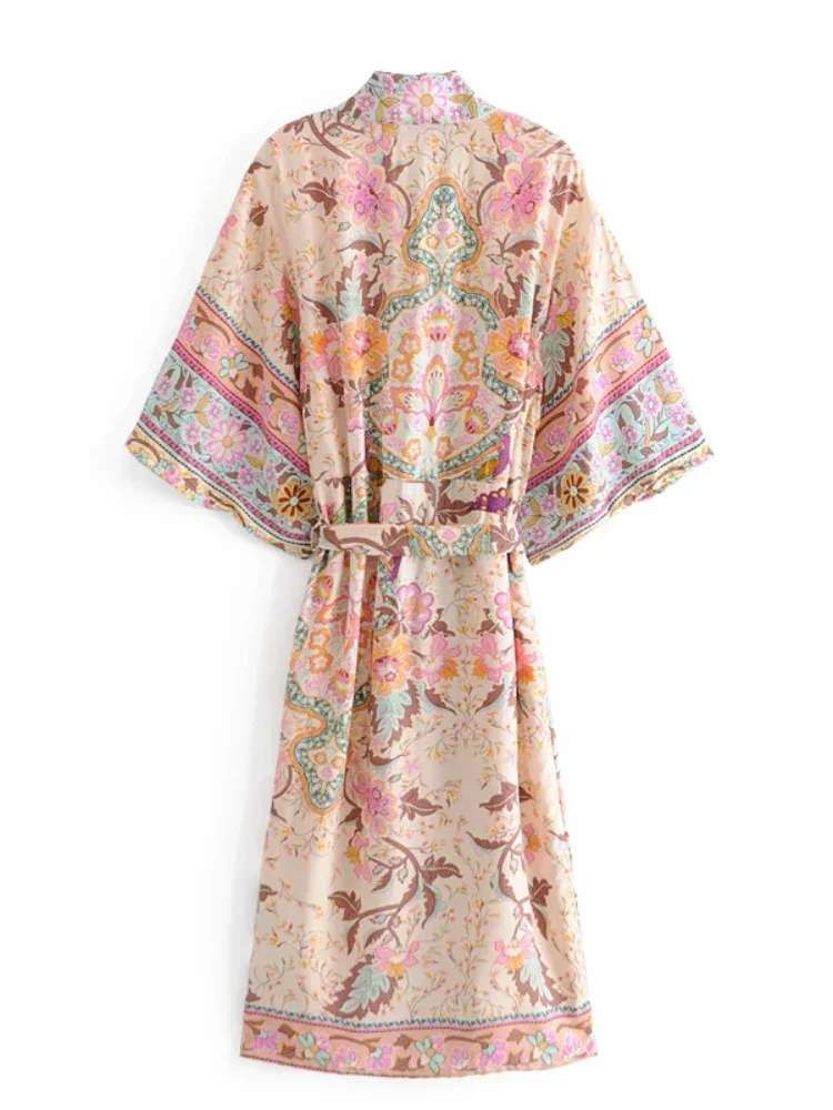 Bohemian Womens Peacock Printed Bat Sleeves Beach Kimono Robe Vneck Tassel Summer Happy Bikini Top 250326
