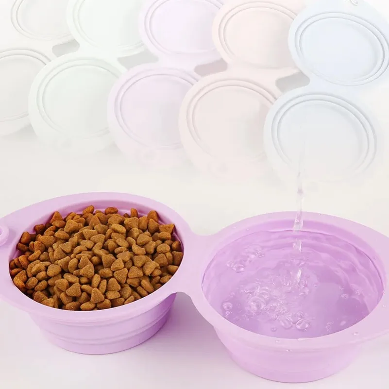 Foldable Dog Bowl Silicone Double Bowl Collapsible Dog Food Bowl Water Outdoor Pet Travel Drinking Bowl for Dogs Feeder