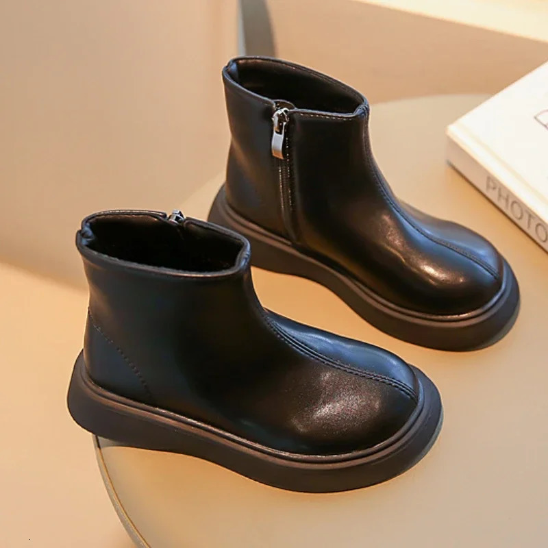 Autumn Winter Childrens Boots Fashion Simple Style Girls Ankle Boot Causal Versatile Black Kid Short Leather Boots Side Zipper 250326