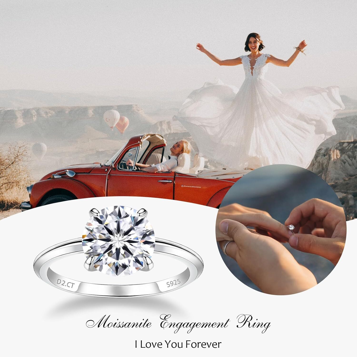 1 CT 2CT Moissanite Enagaement Ring for Women White Gold Plated 925 Sterling Silver Moissanite Rings Promise Rings Wedding Band Rings for Women Size 5