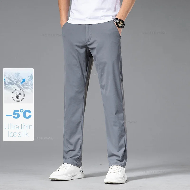 Summer Ultra-thin Ice Silk Quick-drying Casual Pants Male Gray Black High Elastic Straight Draped Mens Business Casual Trousers 250317