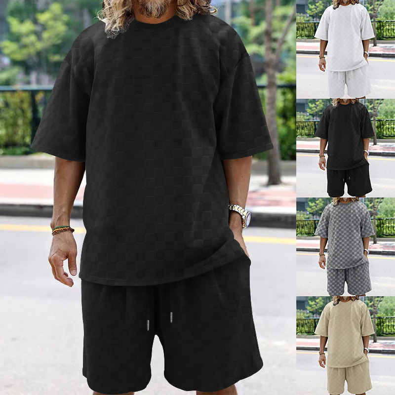 2024 summer towel plain weave mens collar short sleeved top and shorts fashionable casual oversized set 250326