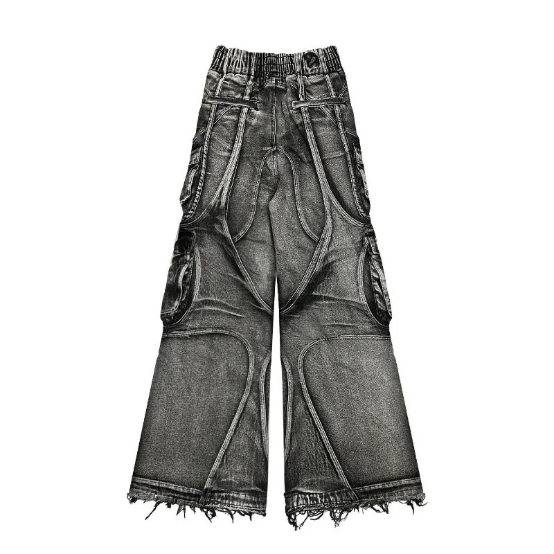 Y2K American Fashion Stitching Multi-pocket Heavy Washing Baggy Jeans Men Streetwear Vintage Rock Pop High Waist Trousers 250317