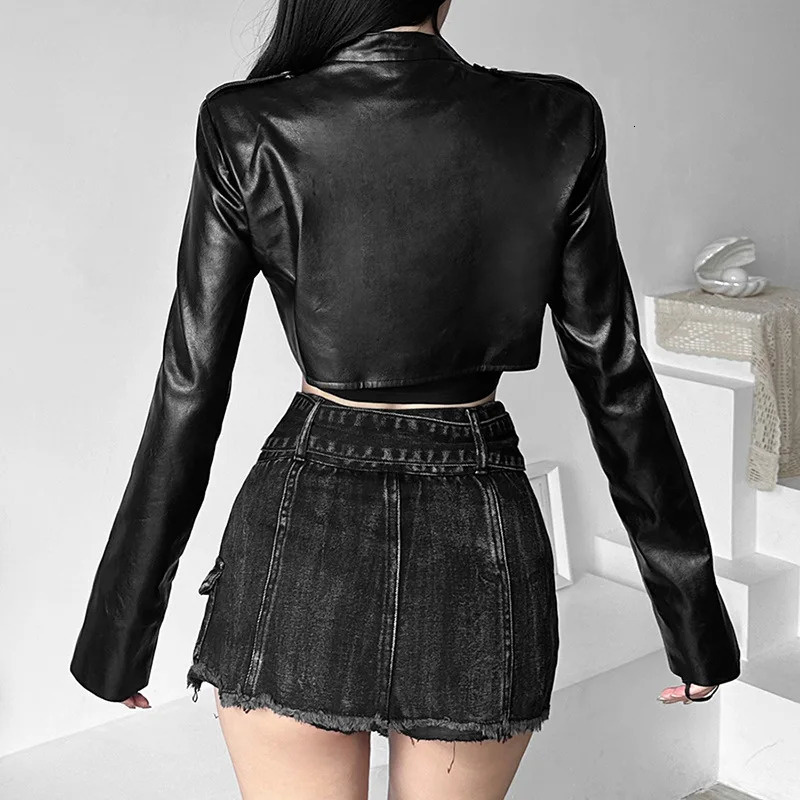 Goth Dark Zipper Cyber Gothic Y2k Crop Jackets Grunge Punk Style Faux Leather Coats Female Fashion Streetwear Irregular Hem Coat 250322