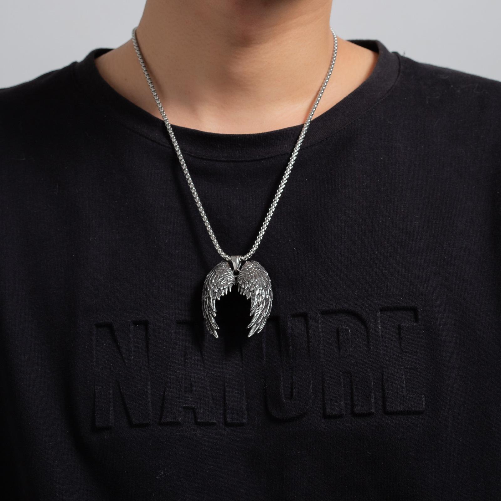 60cm Vintage Angel Wings Feather Titanium Steel Pendant Necklace