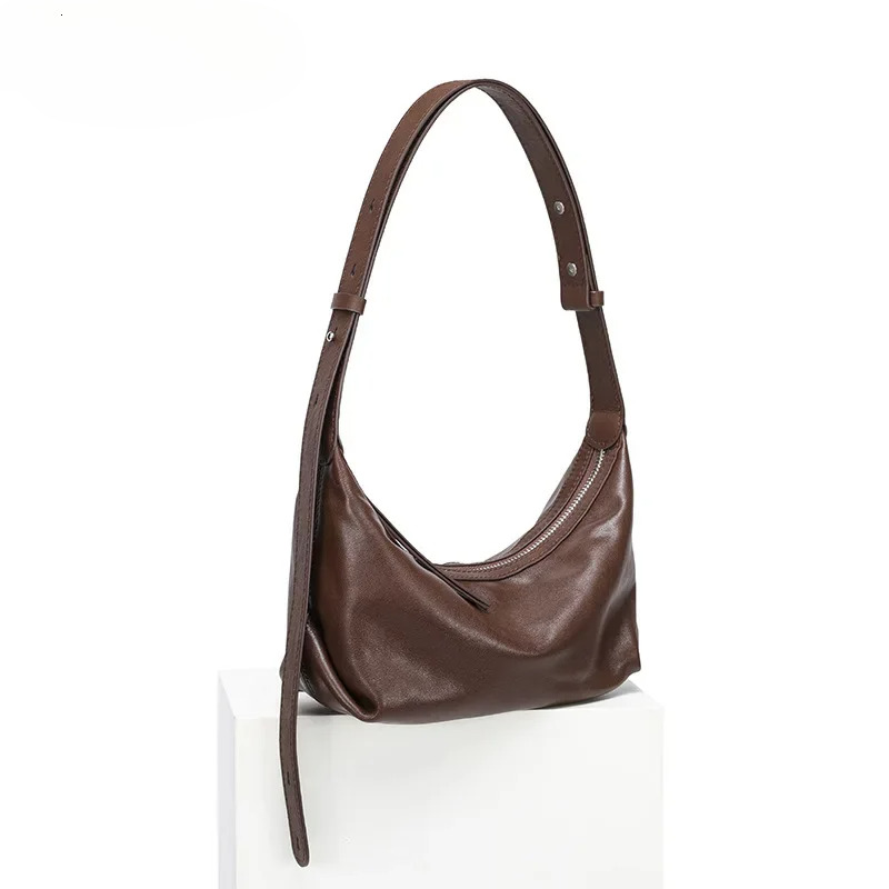 Less Is More Minimalist Style Coffee Color Hobo Tote Vegetable Tanned Cow Leather Women Shoulder Bag Adjustable Handle Handbag