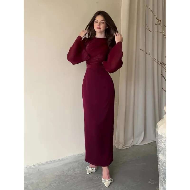 Dongdumaoyi Effen Kleur Eenvoudige Taille Knipperende Sexy Bodycon Jurk Lange Mouw Ruches Elegante High End C