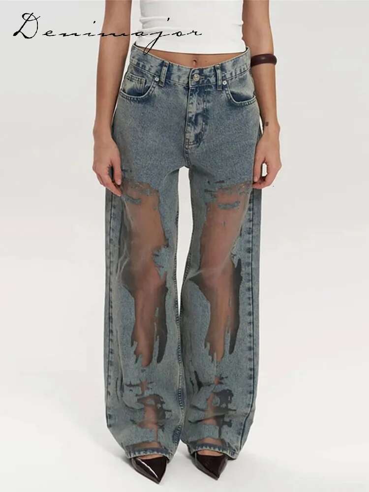 Street See Through Jeans Women Casual Patchwork Low Waist Zipper Pocket Denim Pants Female Summer Fashion New Lady Trousers