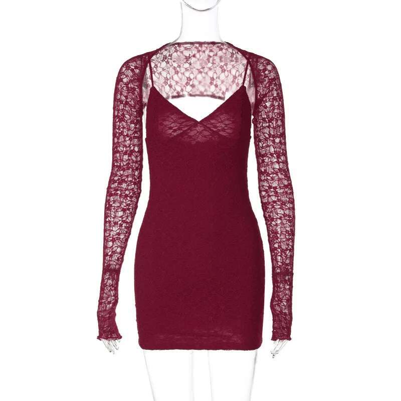 Dongdumaoyi Sexy Kanten Patchwork Jurk Met Bandjes Rood Puur Verlangen Heet Meisje Slim Fit Ontwerp V Hals Socialite Stijl Damesjurk C