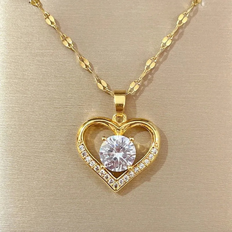 Artificial gemstone heartshaped pendant necklace gold stainless steel lip chain womens jewelry 250325