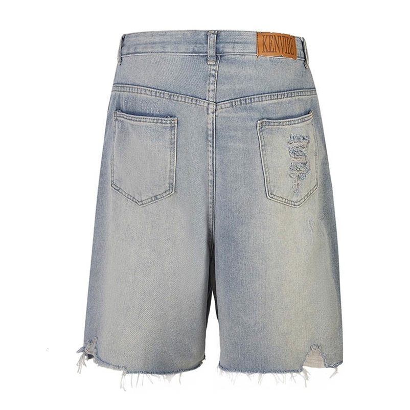 Vintage Hi Street Rivet Denim Shorts Washed Streetwear Ripped Jeans Shorts For Male Blue 250326