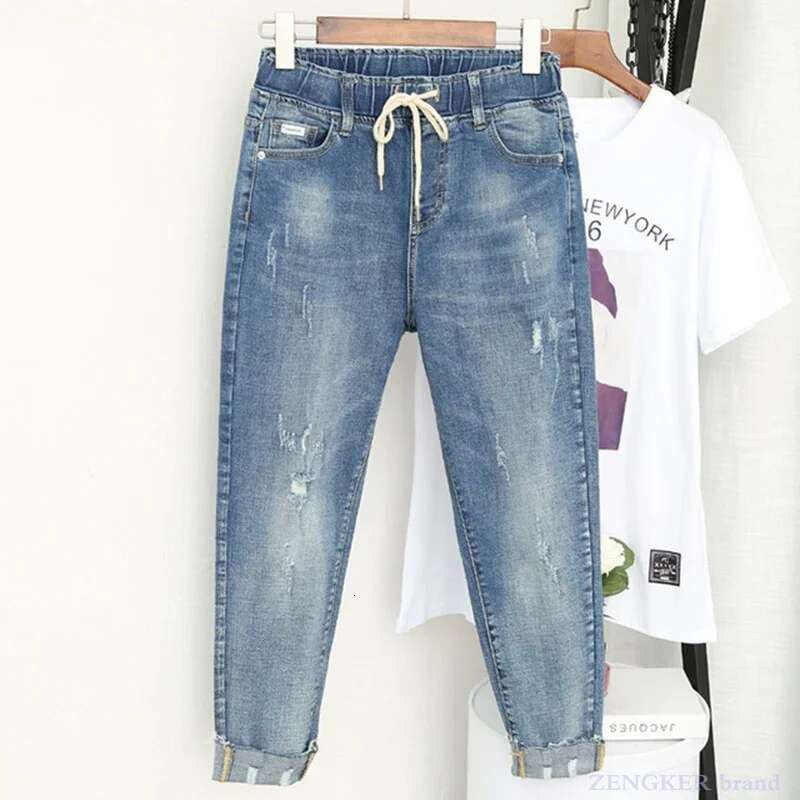 Spring Summer Jeans Women's Stretch Fat Sister Nine-Point Were Thin High Waist Pants Plus Size 5Xl