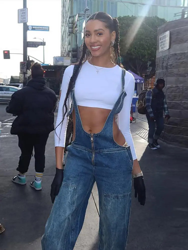Womens adjustable shoulder strap denim top with exposed zipper detailed tilted pockets practical jumpsuit streetwear fashionable elastic set 250326