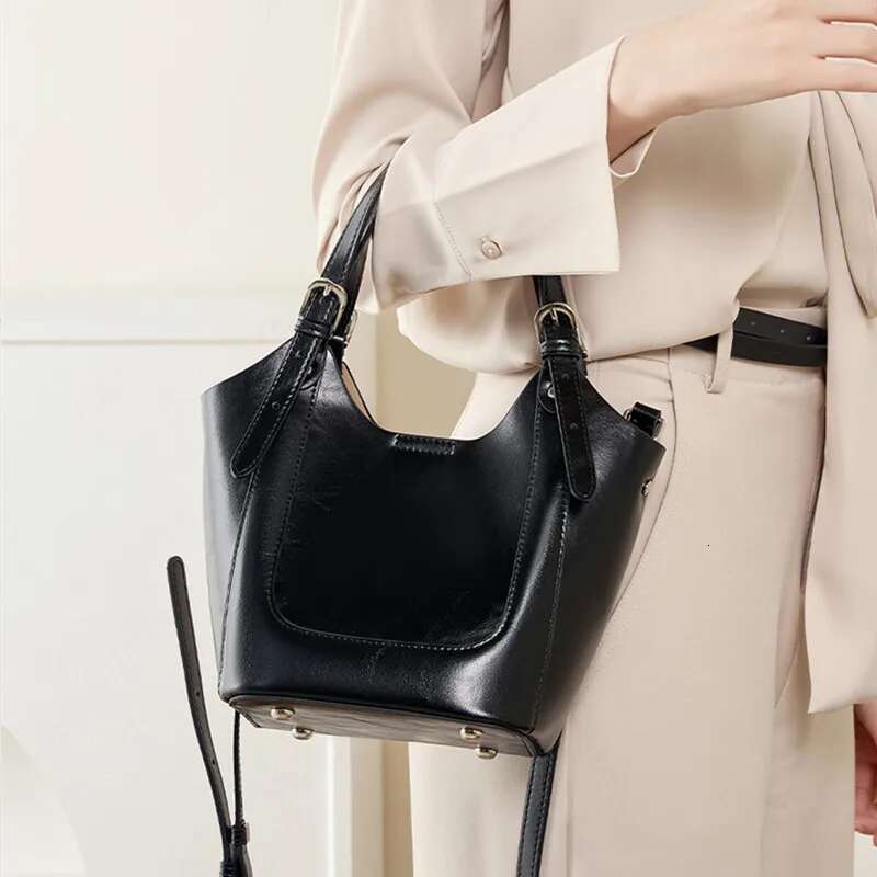 Chic Genuine Leather Bucket Tote Handbags For Women 2025 Designer Basket Small Ladies Shoulder Crossbody Bags