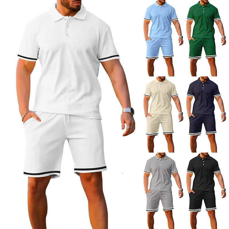Summer mens sportswear with lapel buttons striped patches work short sleeved polo shirts and shorts casual plus clothing 250326