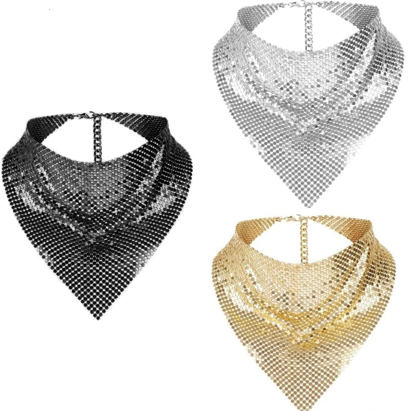 Fashion Shining Womens Nightclub Party Evening Dress Scarf Bright Gold Silver Retro Punk Triangle Scarf 250322