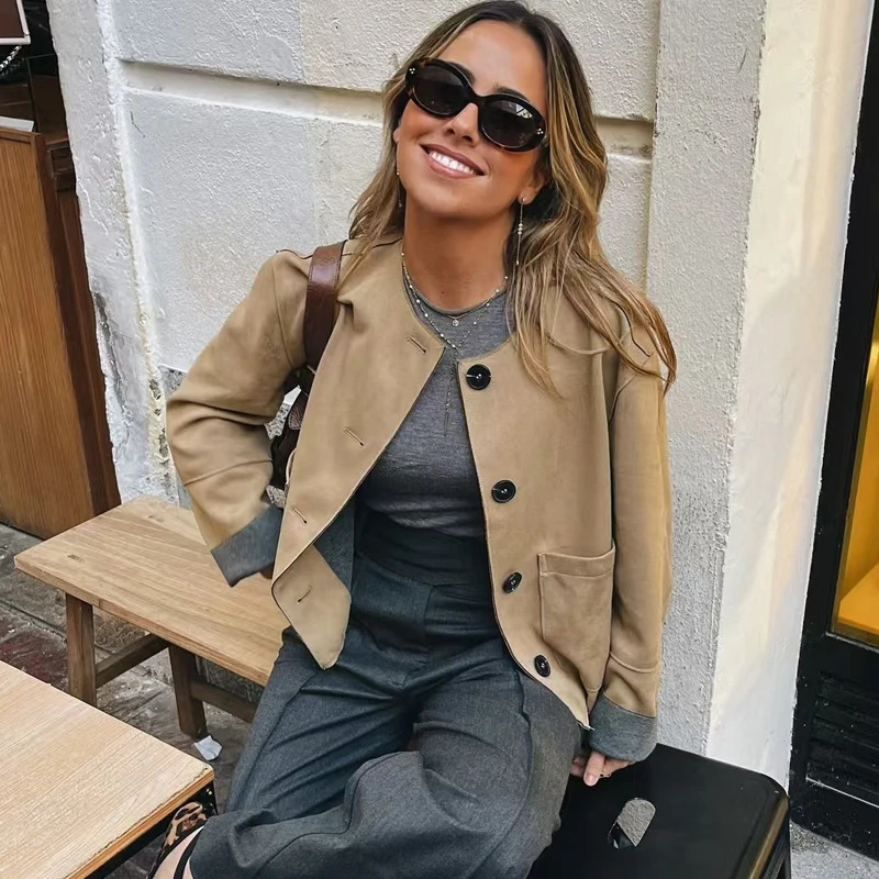 TRAF suede jacket womens spring Coats Jackets crop Oneck button long sleeved fashionable and elegant 250326