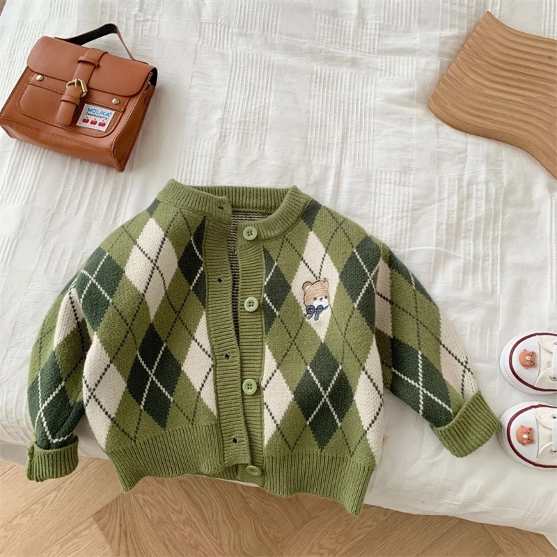 Toddler Baby Girls Boys Knitted Sweater Vest Coat 7Y Kids Cartoon Bear Geometric Figure Children Cardigan Outer Wear Clothing 250218