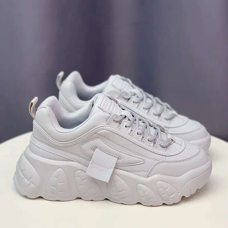 Chunky Sneakers Women Purple Platform Thick Bottom Leather Lace Up White Spring Casual Shoes