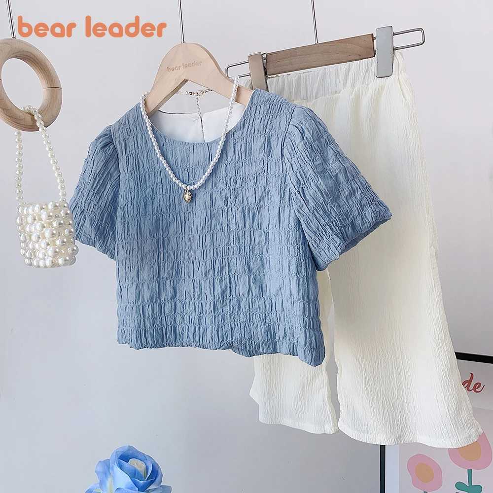 Bear Leader Girls Set 2023 Summer Korean Edition Short Sleeve Bubble Sleeve+Wide Leg Pants Girls SetT250327