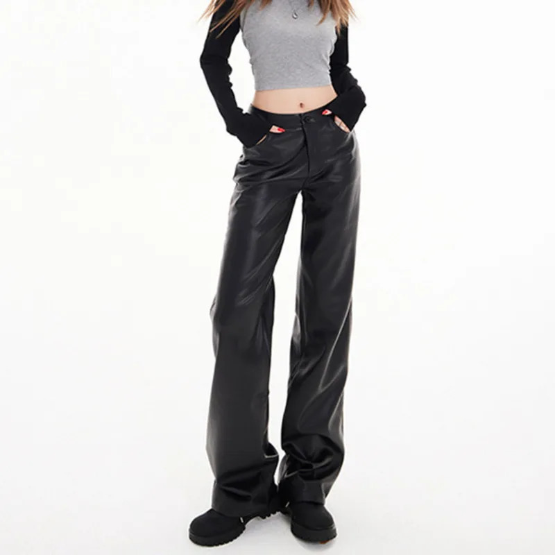Black artificial Lether Pants loose straight length Pu leather pants high waisted Trouser streetwear for runners 250321
