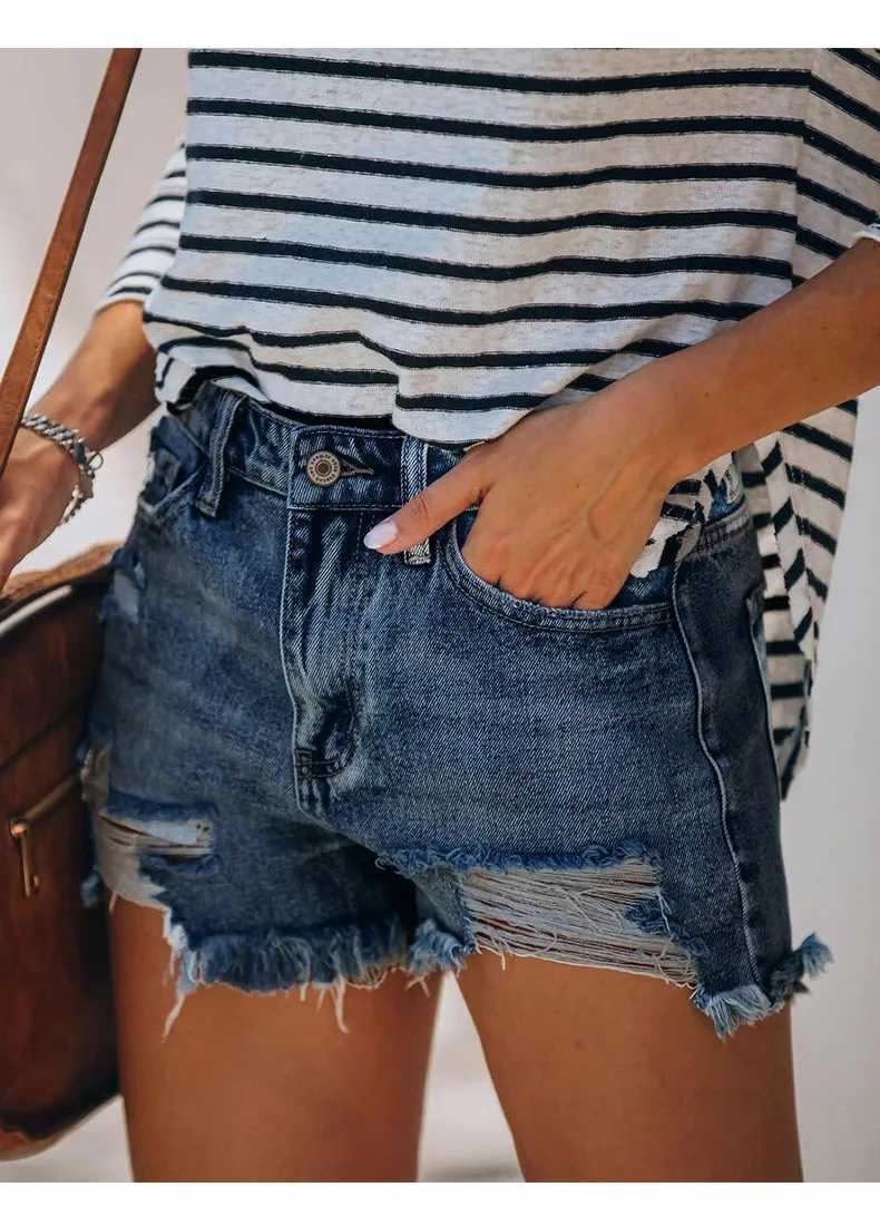 2025 Summer New Womens Ripped Denim Shorts Fashion High Elastic Tassel Straight Jeans Shorts Casual Sexy Ladies ShortsC250327