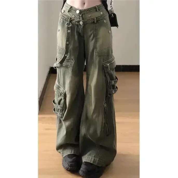 Loose Retro Washed Cargo Streetwear Zipper Baggy Hiphop Straight Pants Multi-Pocket Wide Leg Jeans Women