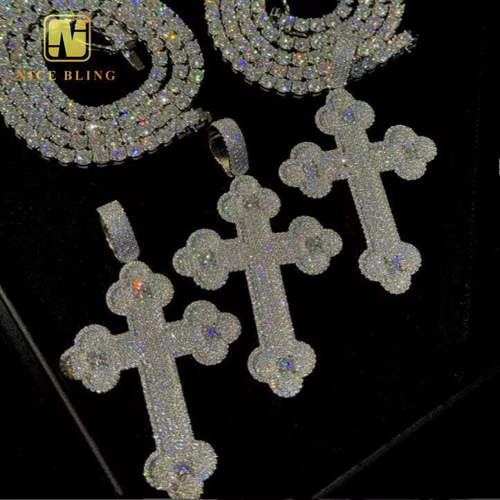 In Stock Iced Out Cross Custom Hip Hop Moissanite Jewelry Pendant VVS Moissanite Diamond 925 Sterling Silver Necklace Pendant
