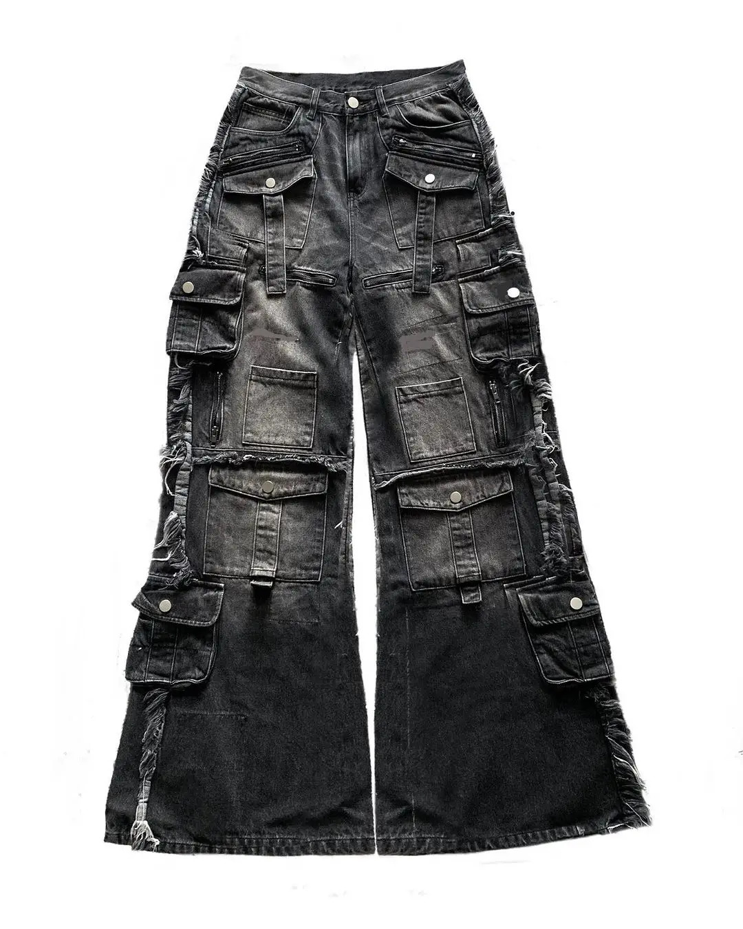 Gothic Harajuku Y2K Multi-Pocket Washed Black Jeans Men Fall Loose Drag Pants Street Hip Hop Rap 90s Spice Girls Wide Leg Pants 250317
