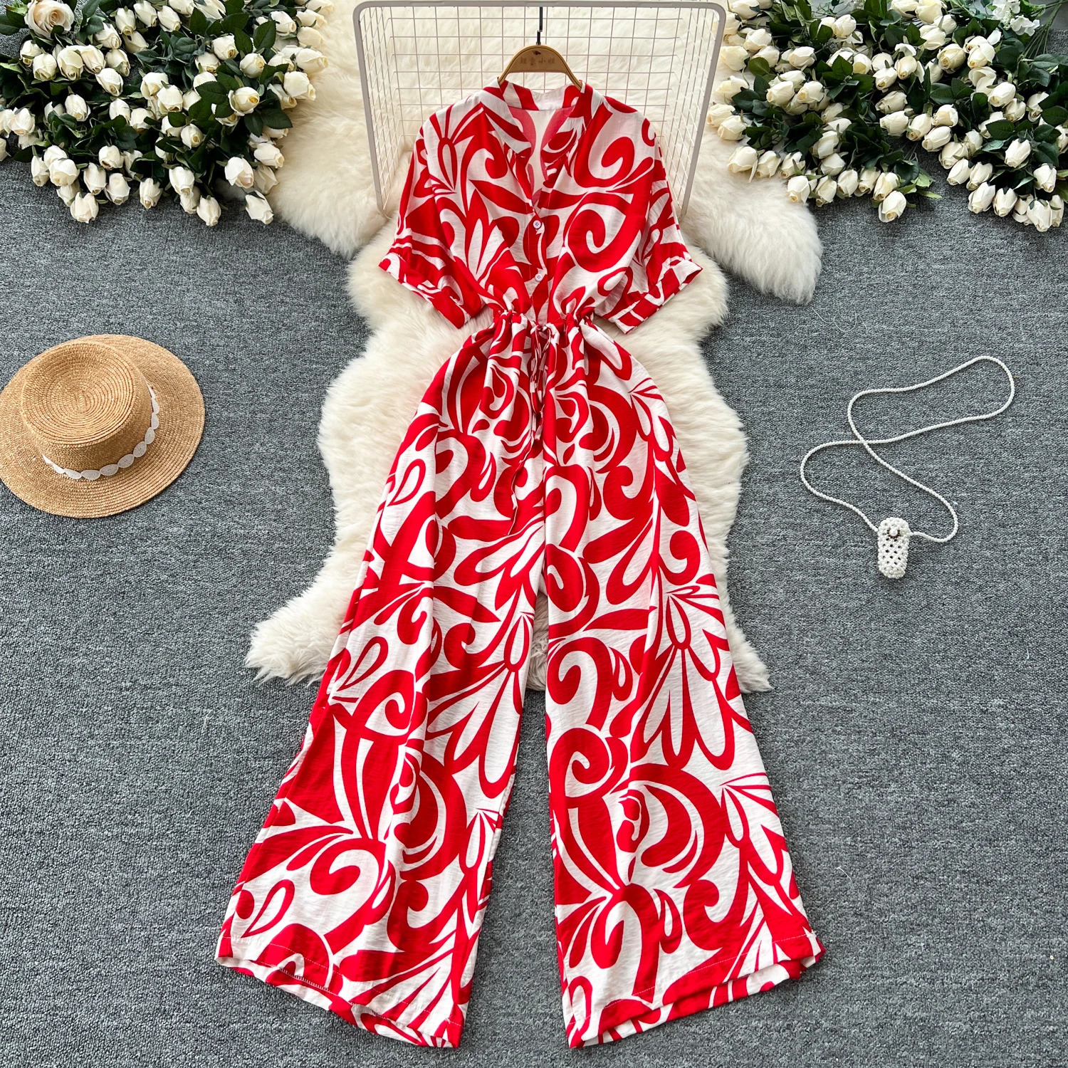 Vneck puff sleeve ultrathin bodysuit high waisted floral print wide leg pants jumpsuit womens Y2k retro fashionable summer 250326