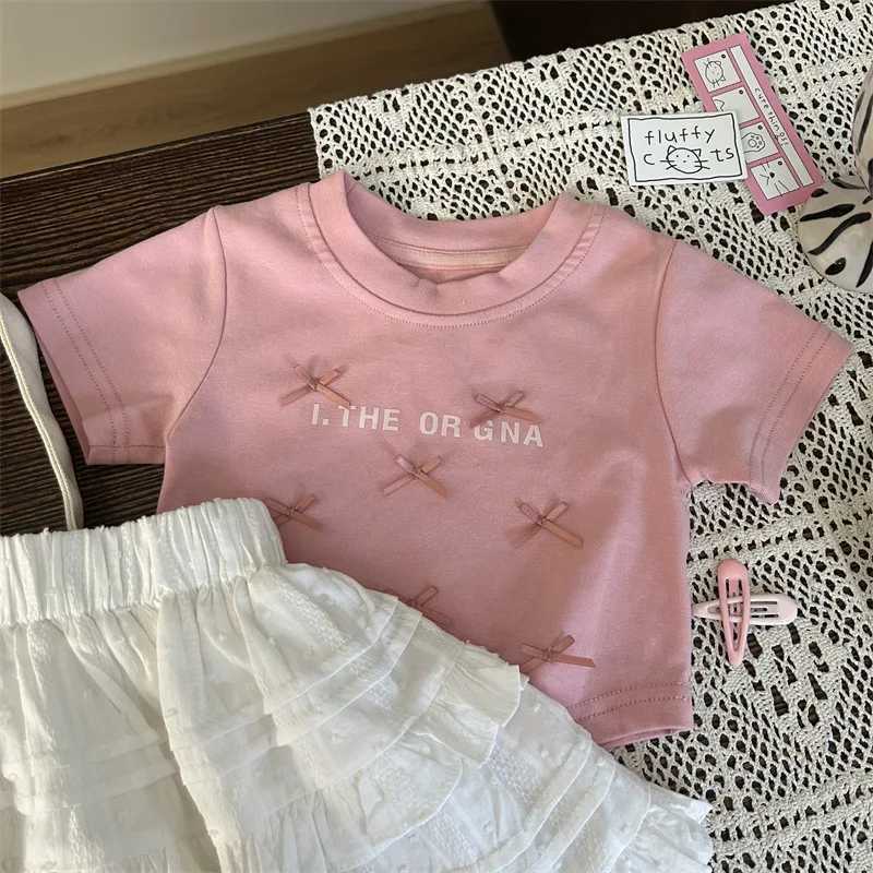 Angel Childrens Clothing 2025 New Summer Girls Bow Short Sleeve T-shirt Childrens Foreign style Culloses Two Piece SetT250327