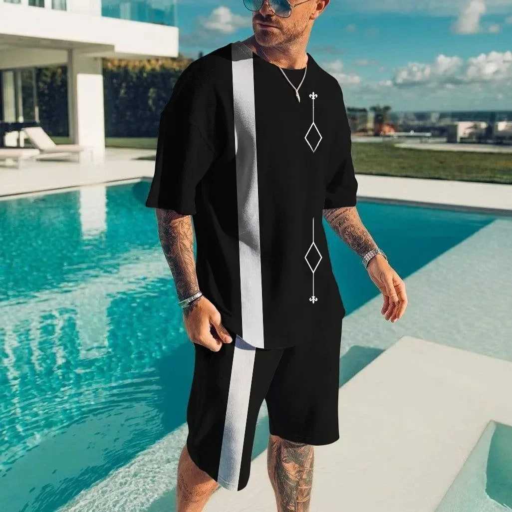 Mens short sleeved T-shirt 3D geometric pattern print daily hiking sportswear streetwear two-piece set summer new itemXJ250326