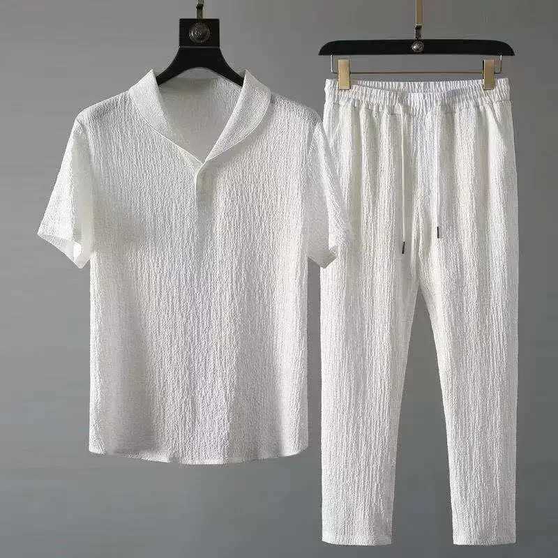 Summer fashion mens cotton linen 2-piece casual sportswear shawl collar white short sleeved T-shirtXJ250326