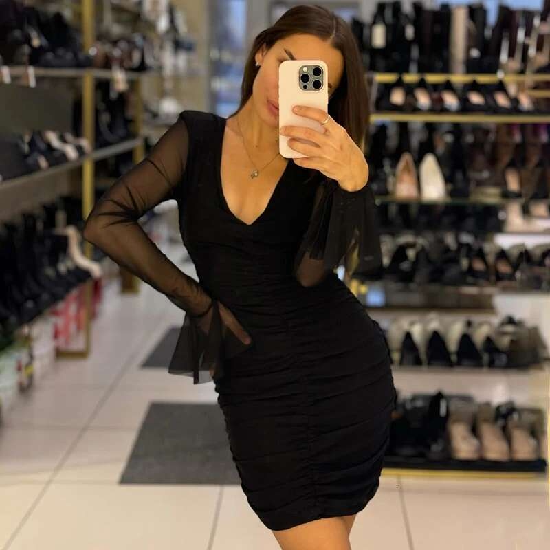 Spring CUTENOVA Summer 2025 And New Solid Color Sexy V-Neck Mesh Patchwork Pleated Ruffles Hip Flared Sleeve Mini Short Dresses