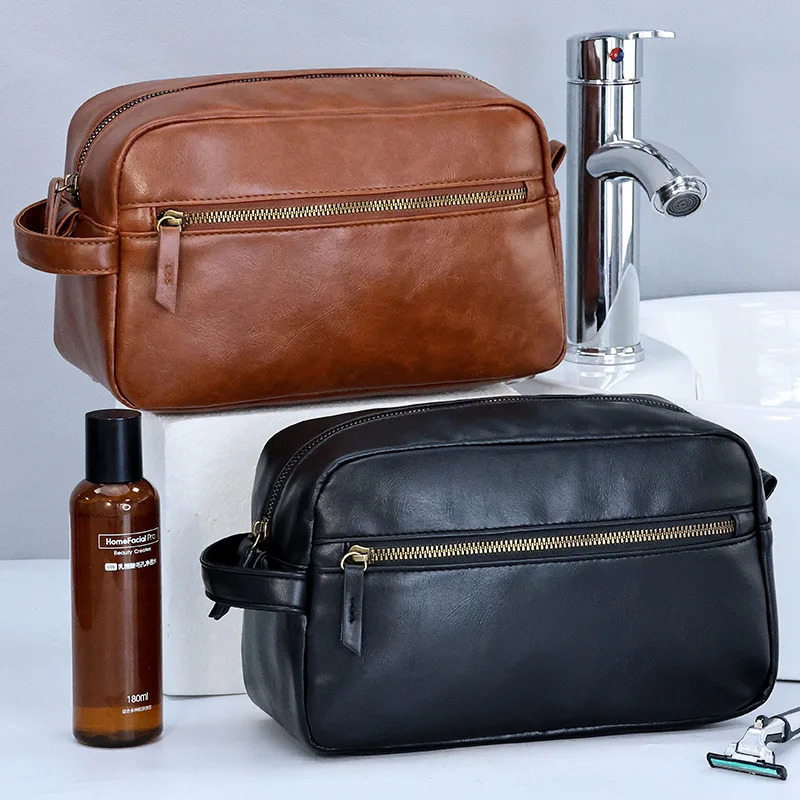 Mens business travel face bag waterproof PU leather bathroom shaving tool organizer makeup womens 250326