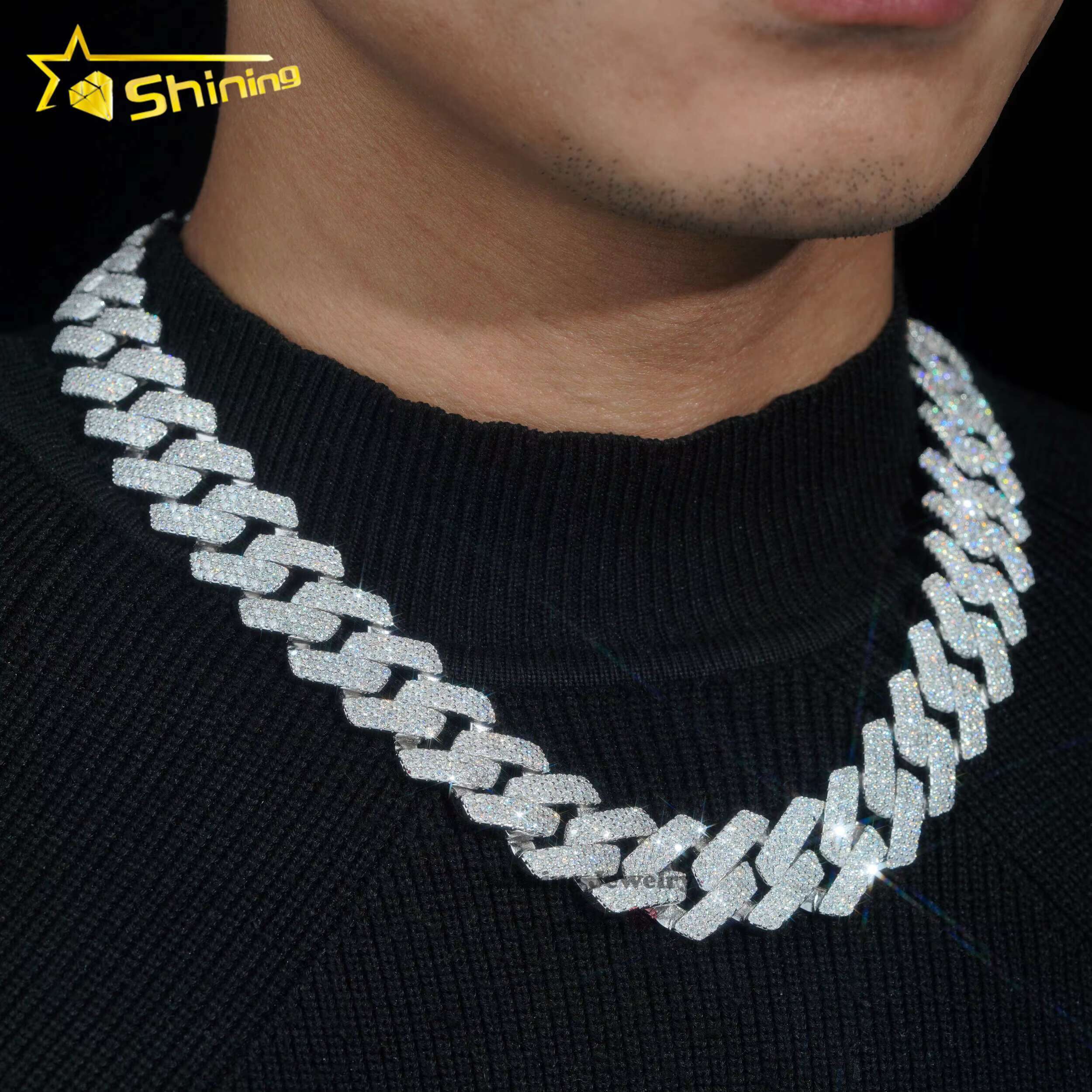 20MM Width Three Rows Gold Fine Jewelry Miami Men Necklace Sterling Silver 925 Iced Out Moissanite Hip Hop Cuban Link Chain