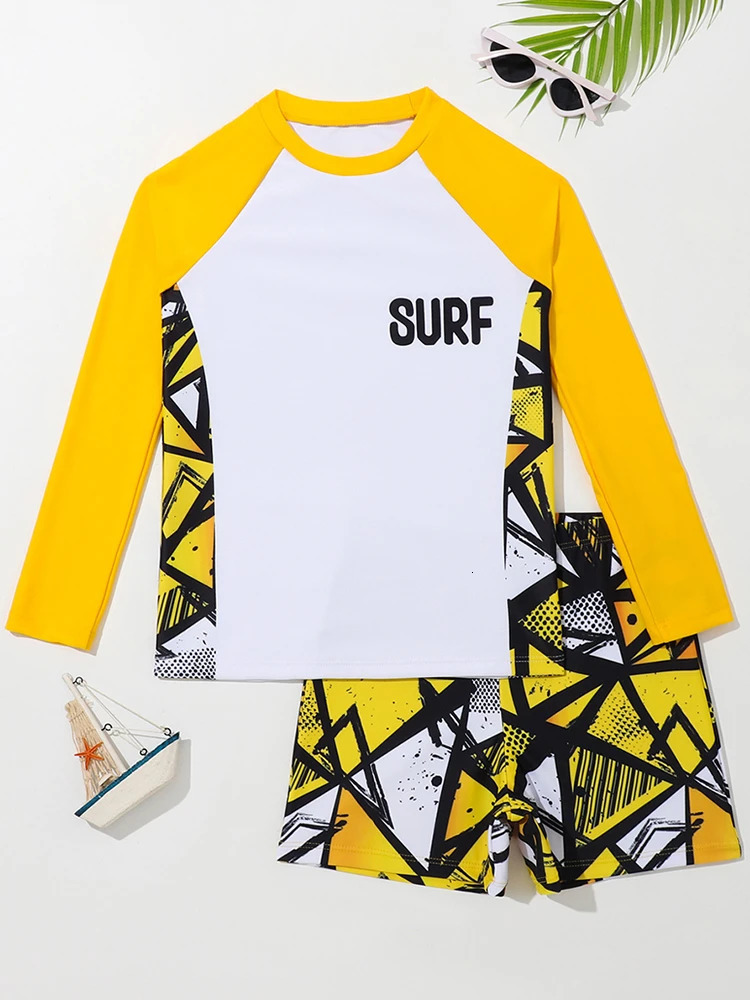 Boy Swimsuit 2025 Solid And Print Long Sleeve Children Swimwear Summer Kids Beach Wear Shorts Swimming Bathing Suit For Men 250326