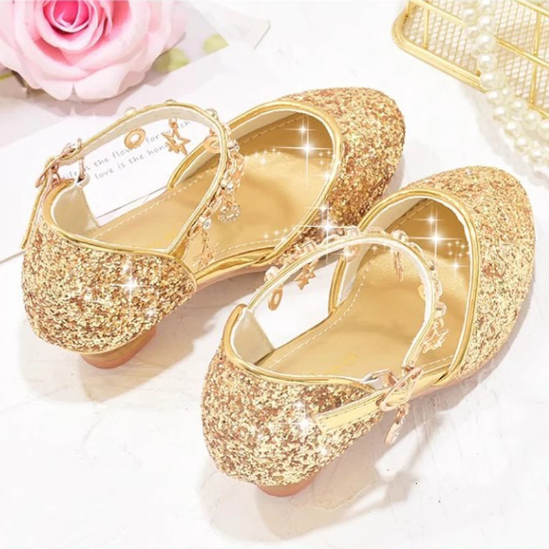 Heeled Dancing Shoes Due To Gold for Girls Glitter Shoes Heels Girls Princess Flowergirl Dresses Golden Girl Child Shoe for Wed 250326