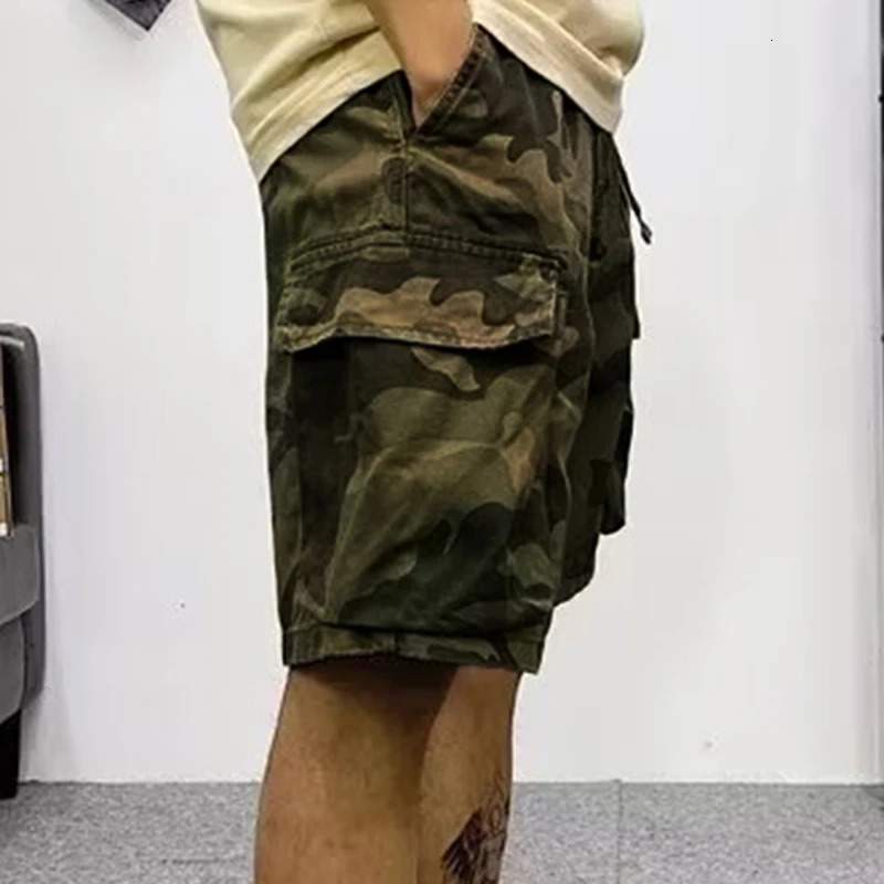 Fashion camouflage cargo shorts mens summer American waist belt multi flap pocket pants mid loose casual 250322