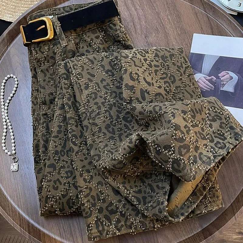 Leopard Print Womens Jeans High Waist Vintage Straight Baggy Pants Street Hottie Y2k American Style Wide Leg Denim Trouser