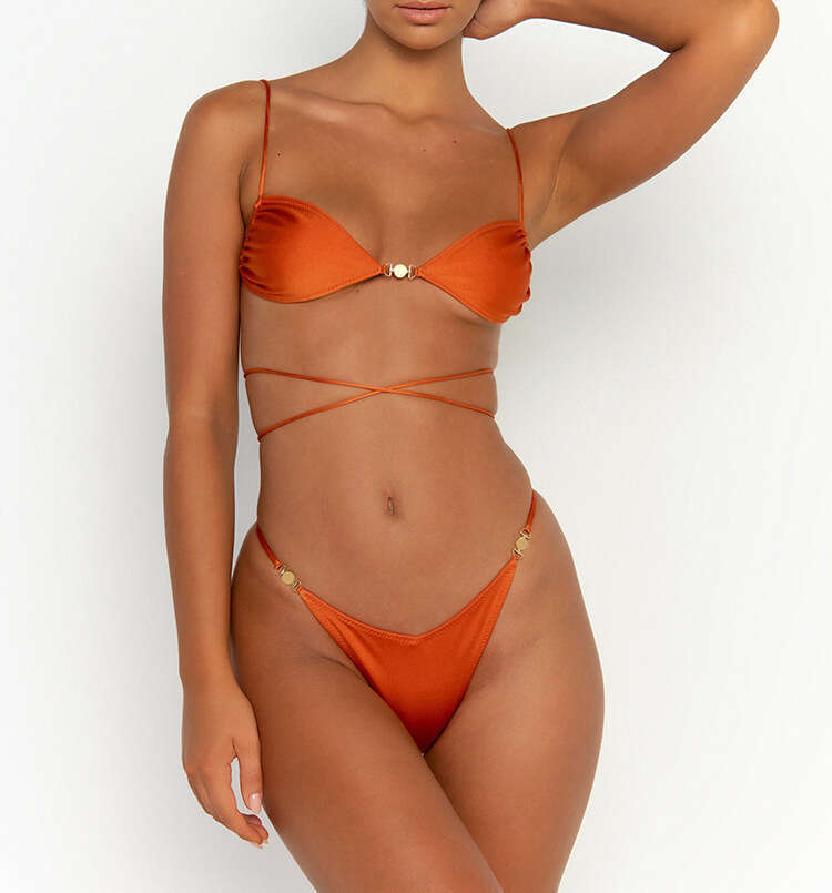 Shiny Swimsuit String Bikinis Bandage Swimwear Women 2025 New Pleated Bathing Suit Sexy Biquini Solid Color Beachwear Summer