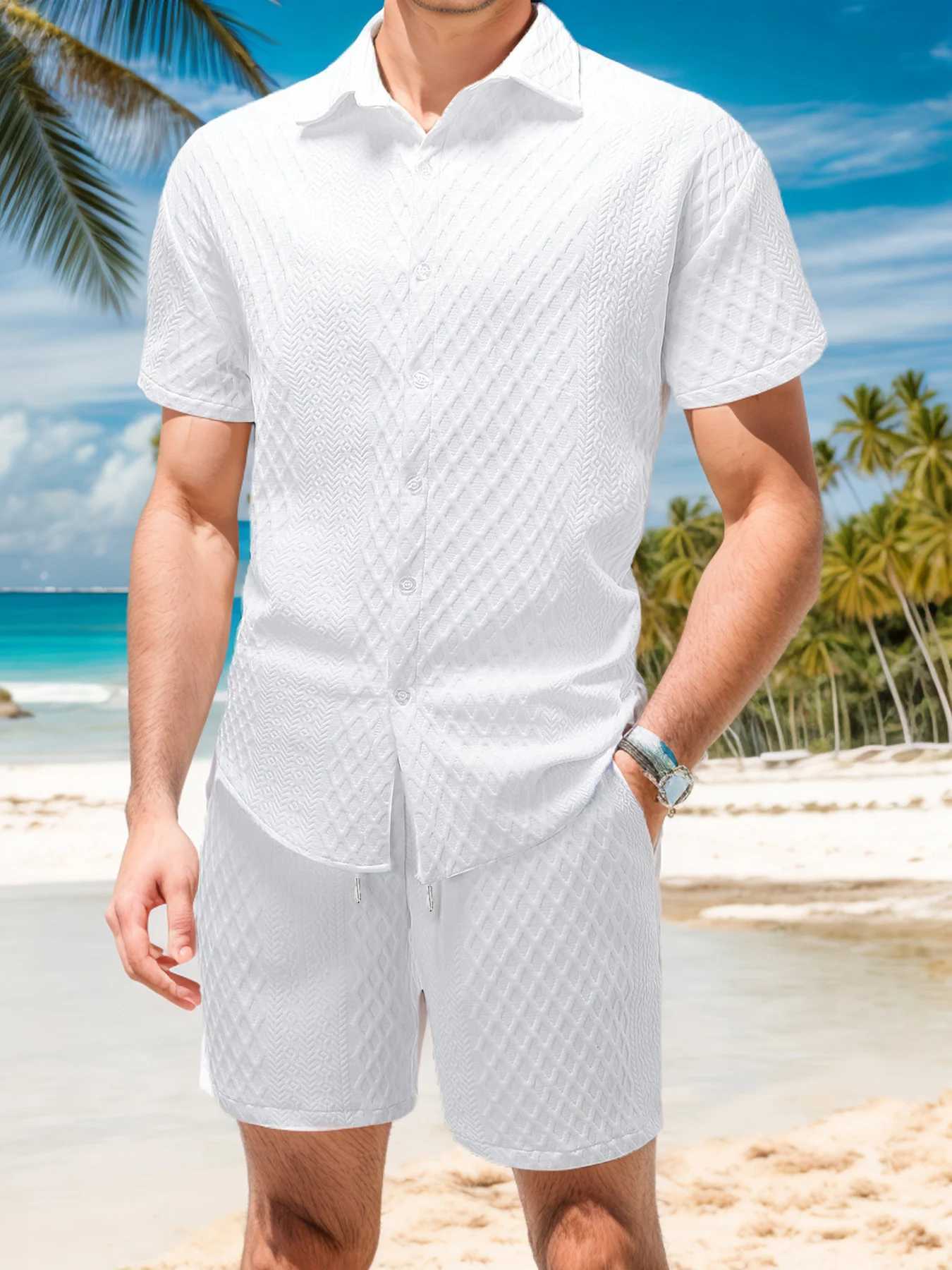 Mens 2-piece heavy-duty casual wear knitted textured short sleeved lapel shirt and drawstring shortsXJ250326