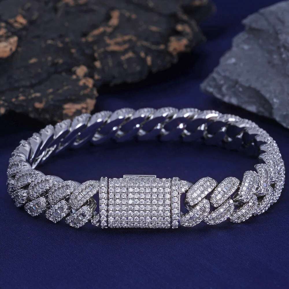 New 12mm 925 Sterling Silver VVS Moissanite 18k Gold Plated Cuban Chain Circular T-square Stone Mixed Inlaid Necklace