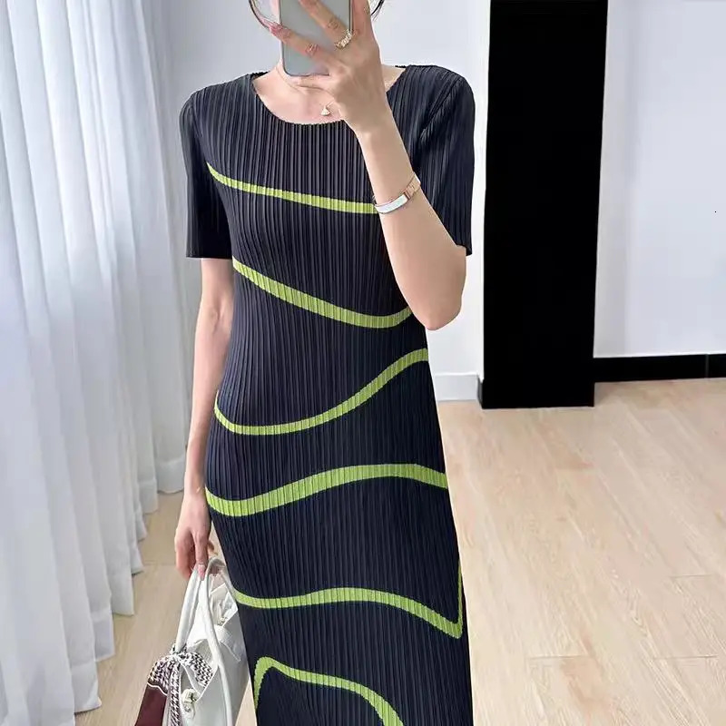 MIYAKE pleated dress irregular stripes Japanese n elegant casual loose short sleeved long skirt summer 2024 item 250324