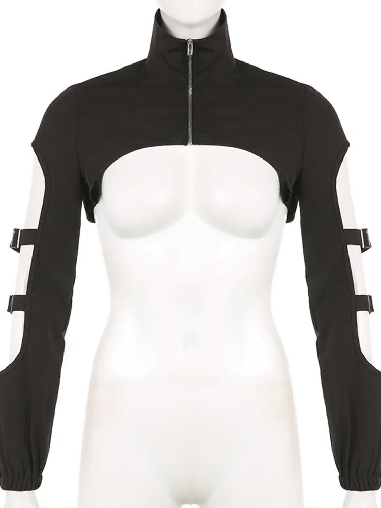 Hollow Out Techwear Fashion Cargo Cardigans Cyber Gothic Zip Up Sexy Crop Jackets Y2k Punk Turtleneck Streetwear Tops 250322