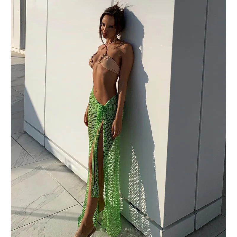 2024 Croche Beach Cover Up Sexy See Through Dress Knit Long Ski Net Hollow White Midi Party Set 250326