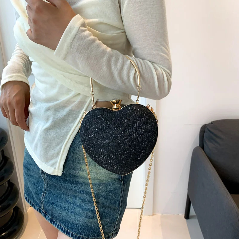 Night clutch bag womens shiny handbag heartshaped metal fashionable chain shoulder cross body y wallet 250326